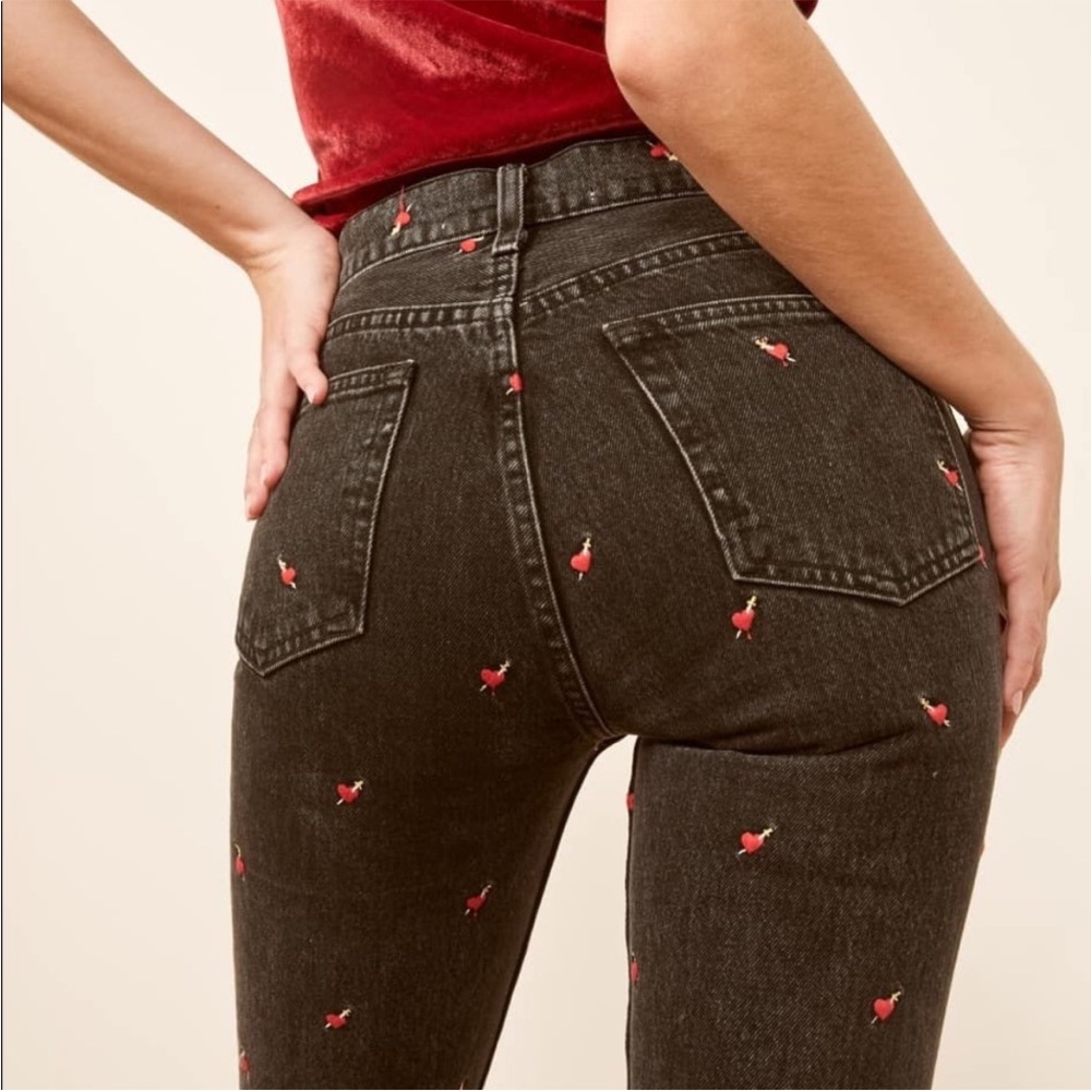 Reformation Julia High Waisted Embroidered Cigarette Black Jeans